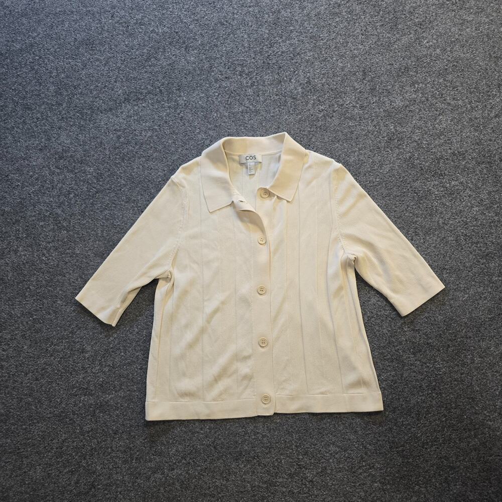 COS Top Womens Size Small Off White Ribbed Button Up Elbow Sleeve Boxy Capsule